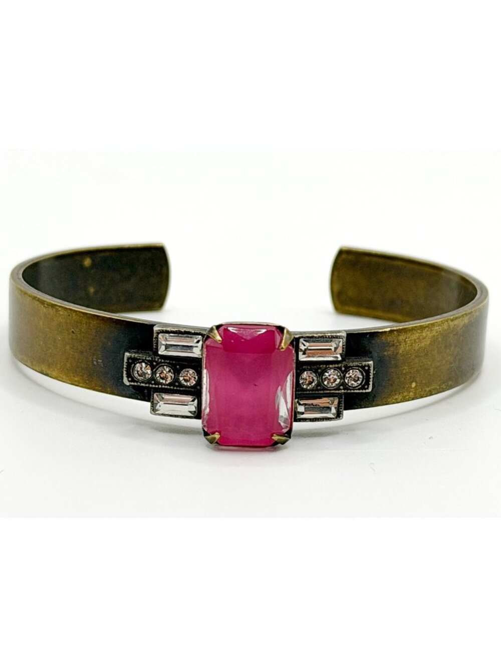 Loren Hope Hot‎ Pink Rhinestone Cuff Bracelet Gold Brass Metal A064